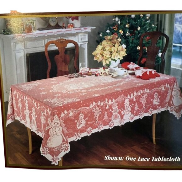 Holiday Quaker Lace Round Tablecloth 70" Round White Snowmen New Vintage - Picture 1 of 11